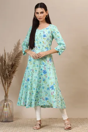 Ice Green Floral Printed Cotton Crepe Anarkali Kurta