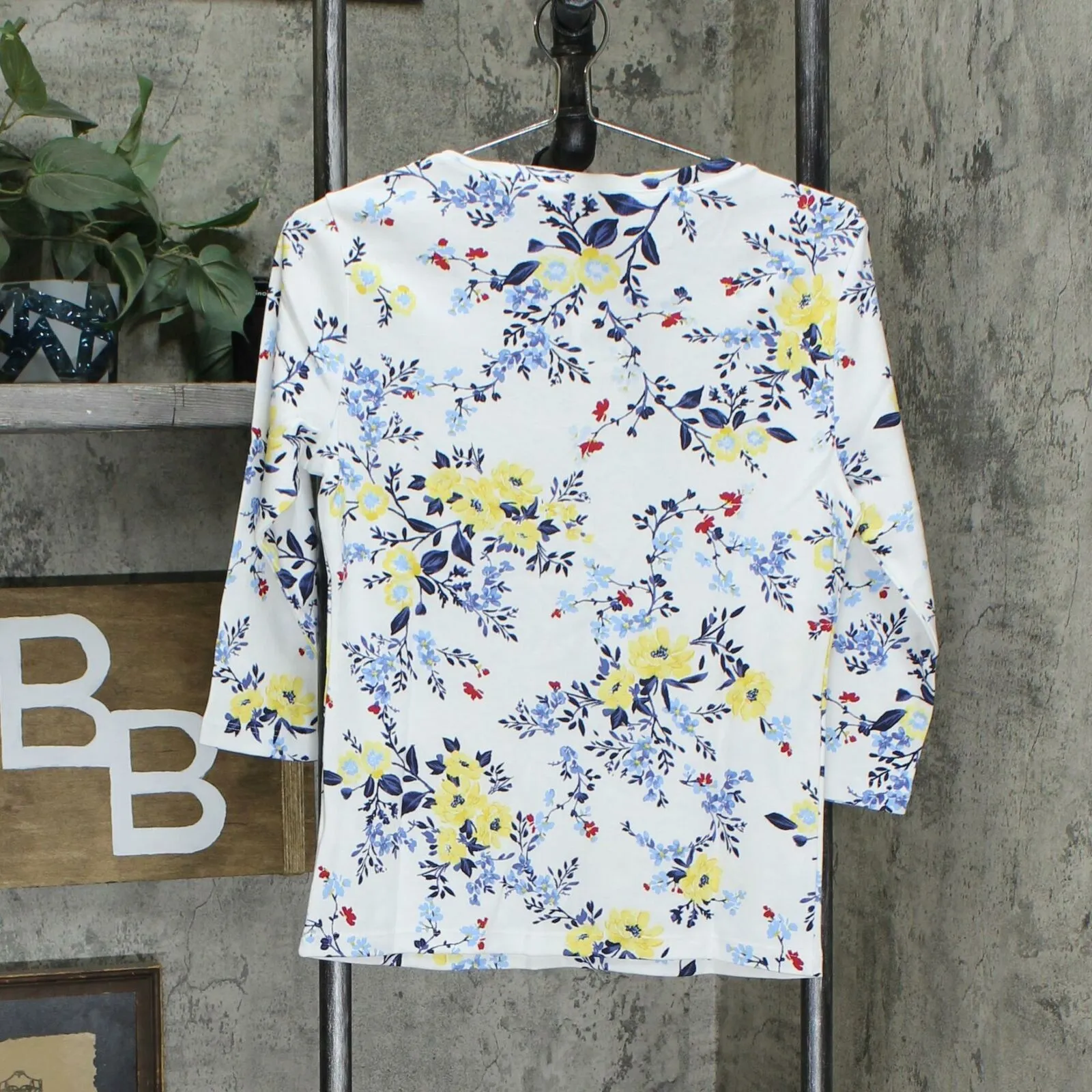 Karen Scott Petite Floral 3/4 Sleeve Split Neck Knit Henley Top