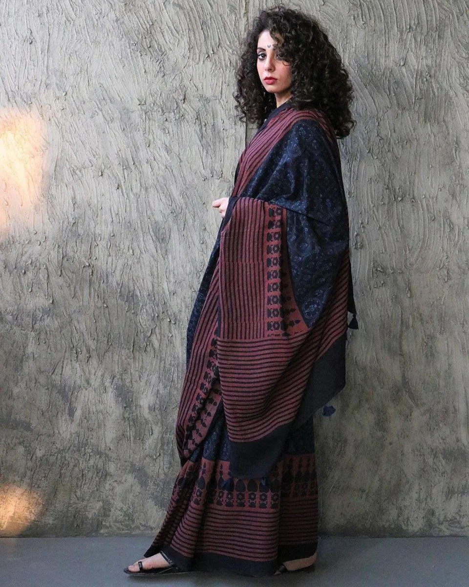 Kashton Hand Blockprinted Cotton Saree- Kohl