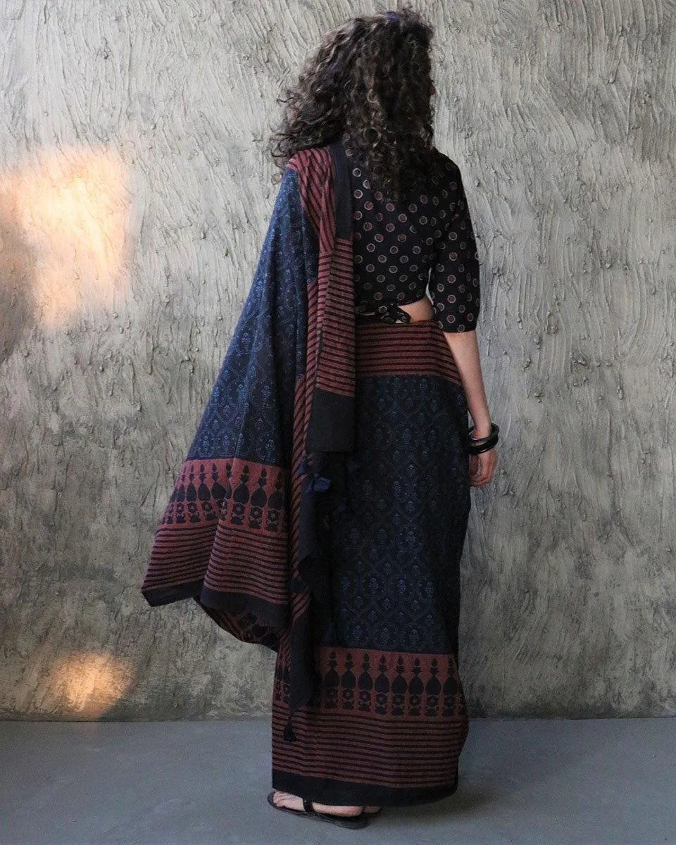 Kashton Hand Blockprinted Cotton Saree- Kohl