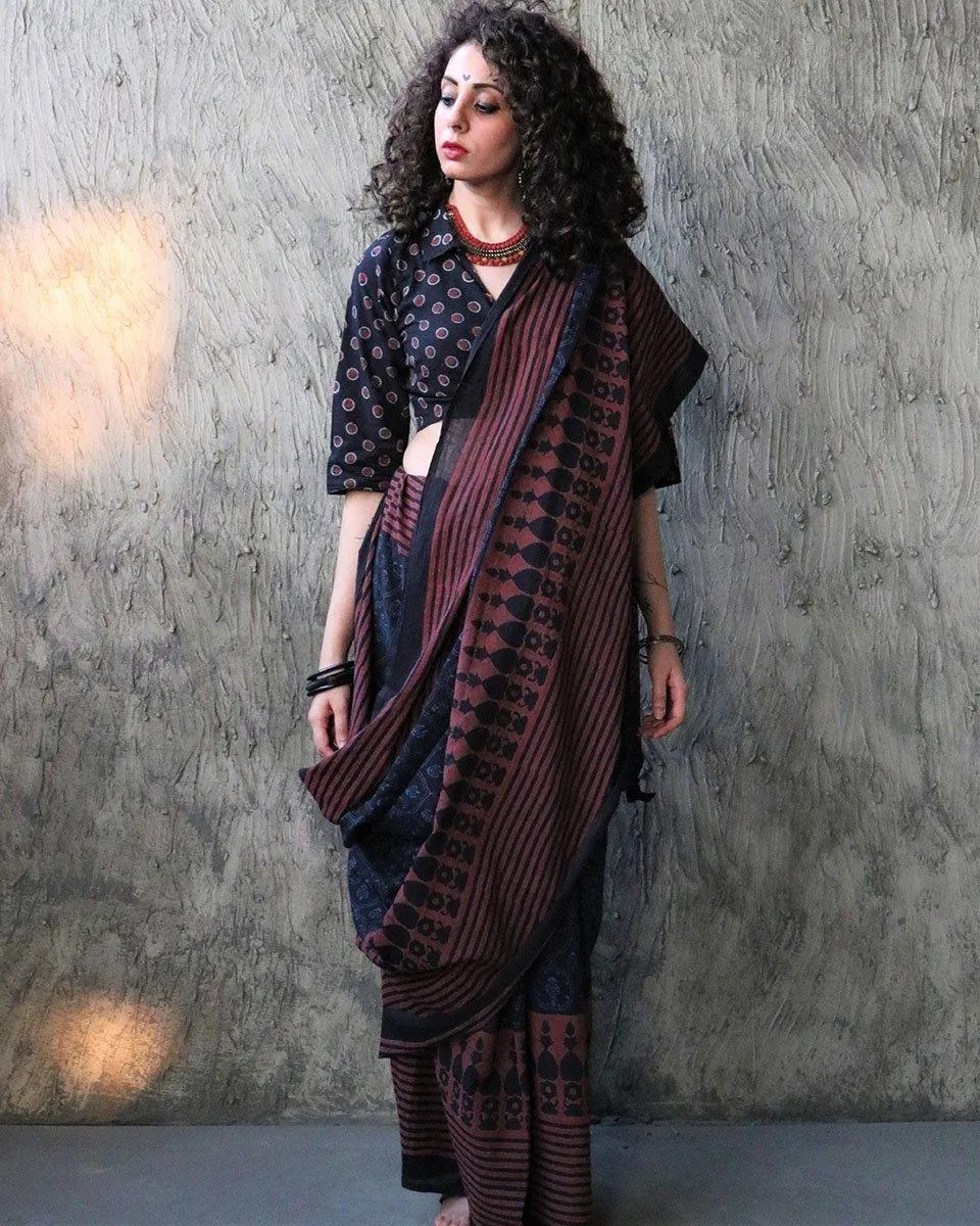 Kashton Hand Blockprinted Cotton Saree- Kohl
