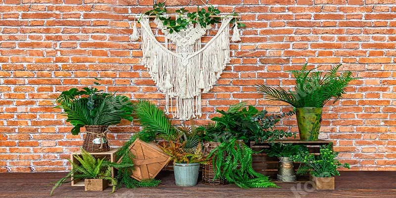 Kate Boho Retro Brick Wall and Plants Backdrop Designed by Emetselch