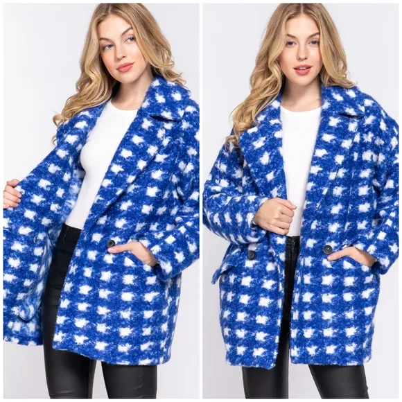 LAST 1❗️Retro Chic Oversized Houndstooth Royal Blue Coat