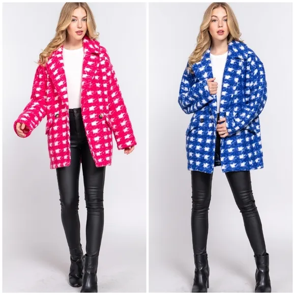 LAST 1❗️Retro Chic Oversized Houndstooth Royal Blue Coat