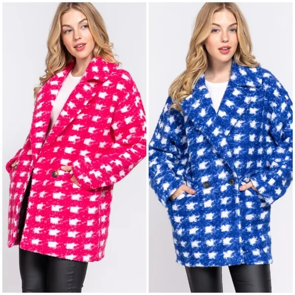LAST 1❗️Retro Chic Oversized Houndstooth Royal Blue Coat