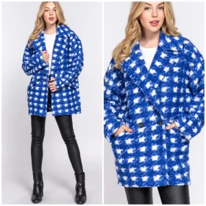 LAST 1❗️Retro Chic Oversized Houndstooth Royal Blue Coat