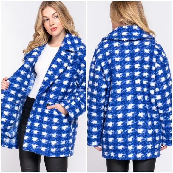 LAST 1❗️Retro Chic Oversized Houndstooth Royal Blue Coat