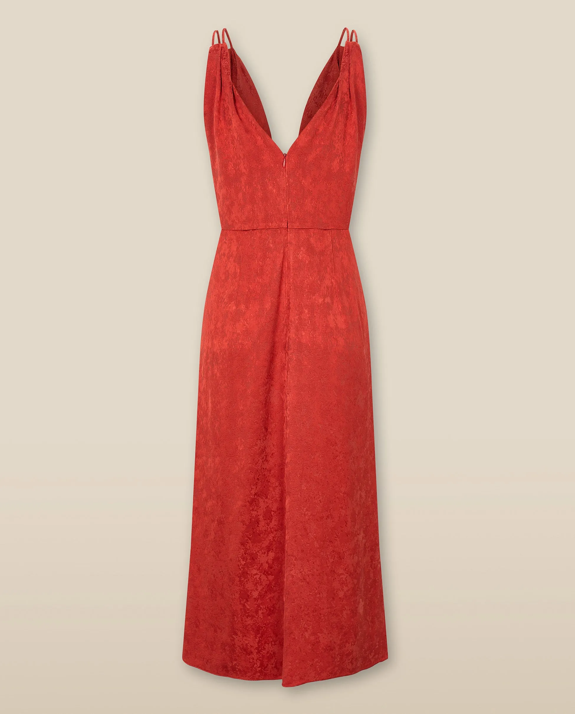 LATINA | Red Jacquard Twist Front V-Neck Midi Dress