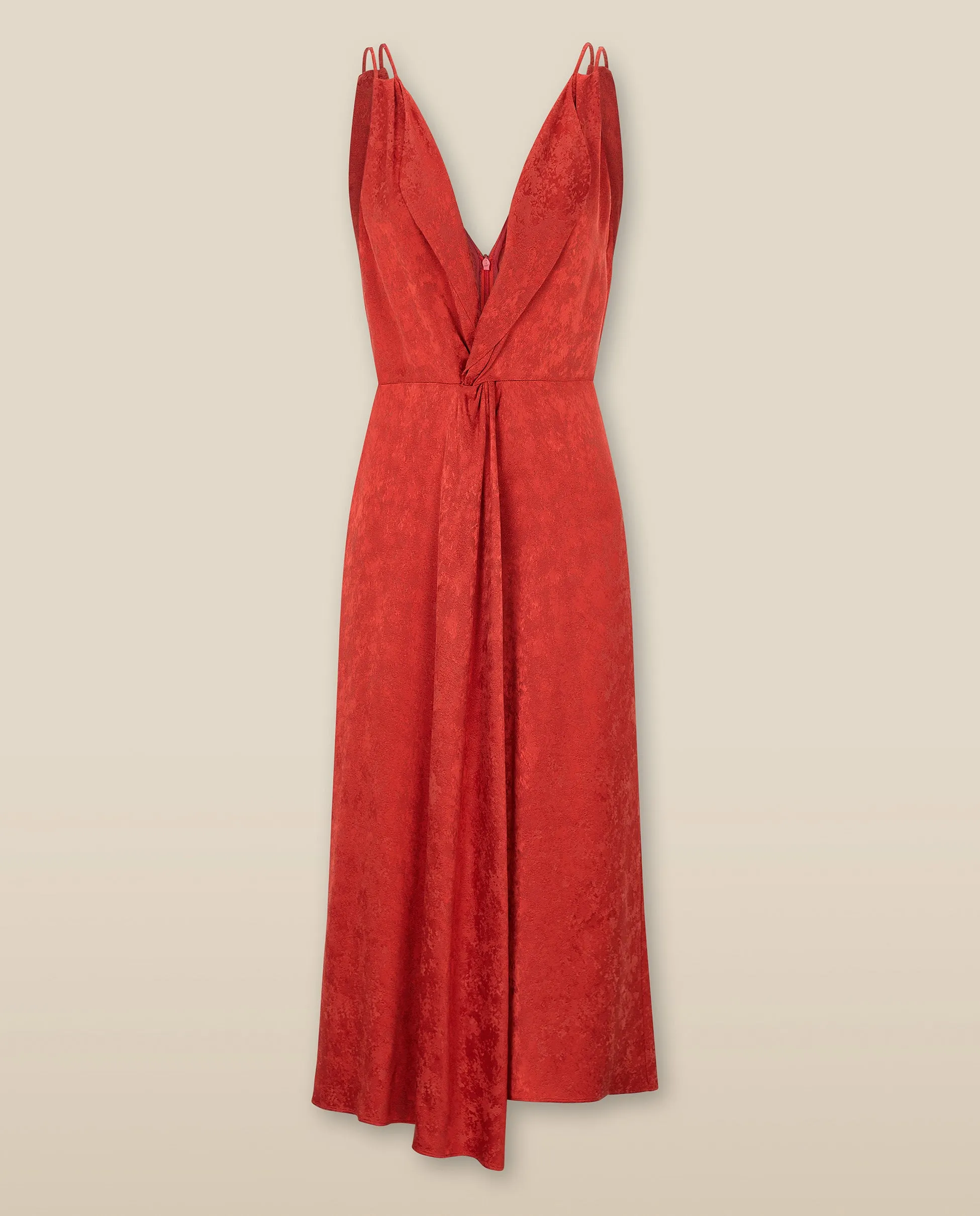 LATINA | Red Jacquard Twist Front V-Neck Midi Dress