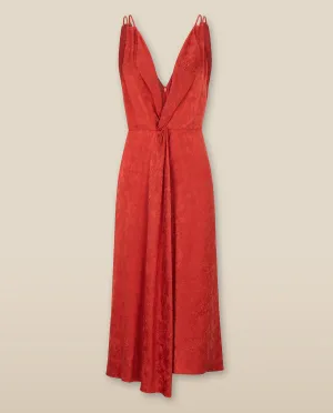 LATINA | Red Jacquard Twist Front V-Neck Midi Dress