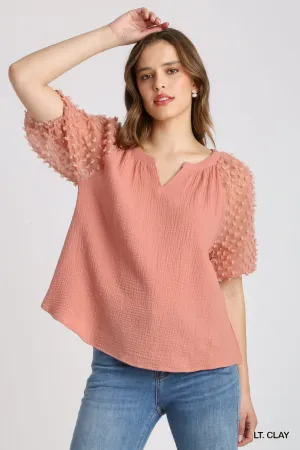 Lauren Floral Applique Detail Cuffed Puffed Sleeve Split Neck Top In Clay