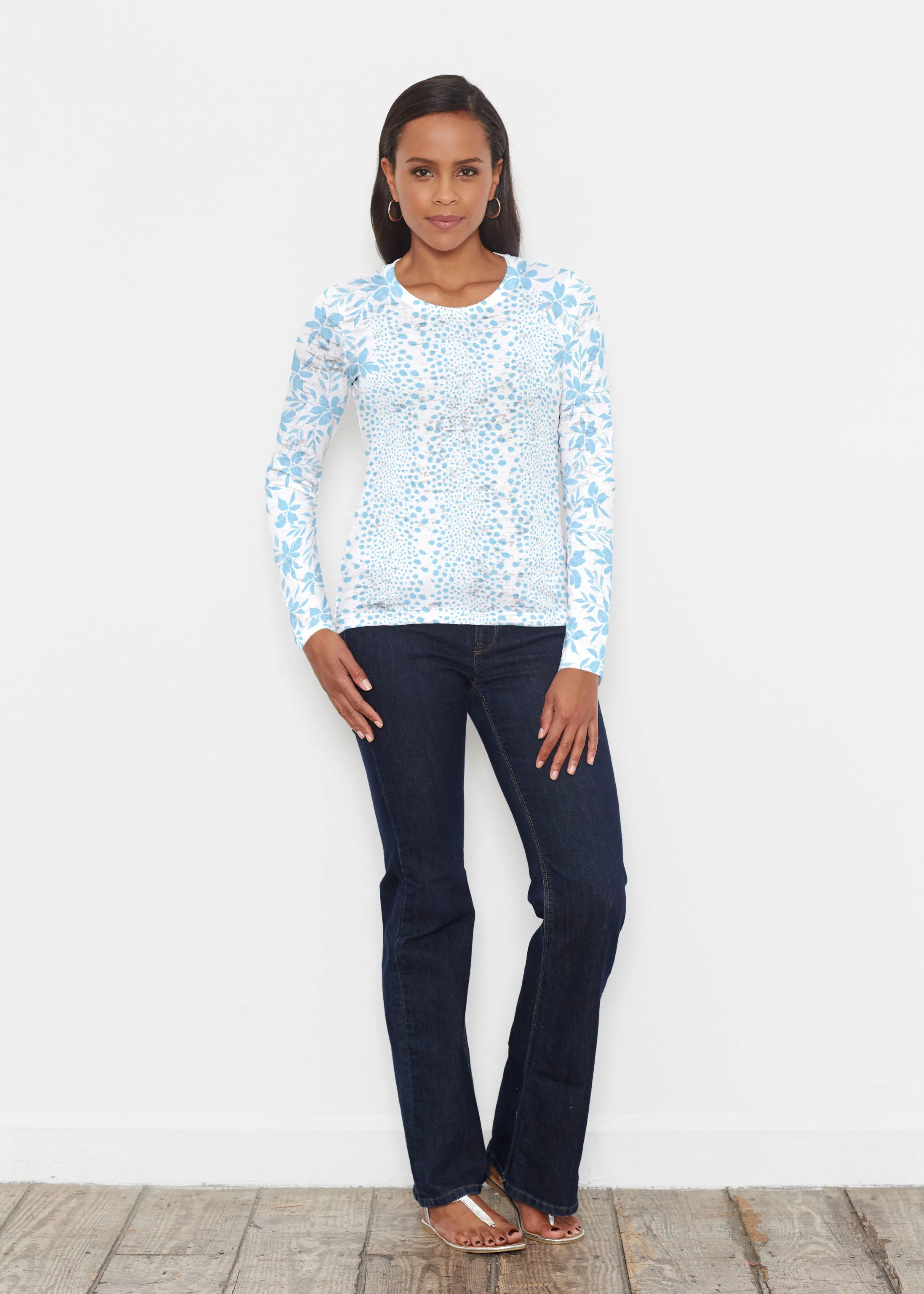 Leopard Rose Aqua (8028) ~ Signature Long Sleeve Crew Shirt