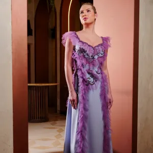 Light Blue Long Crepe Dress With Purple Embroidery And Tulle Ruffles