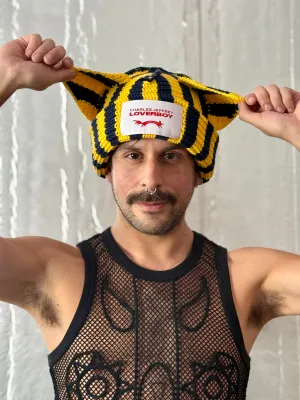 LOVERBOY BY CHARLES JEFFREY CHUNKY EARS BEANIE YELLOW   NAVY STRIPE