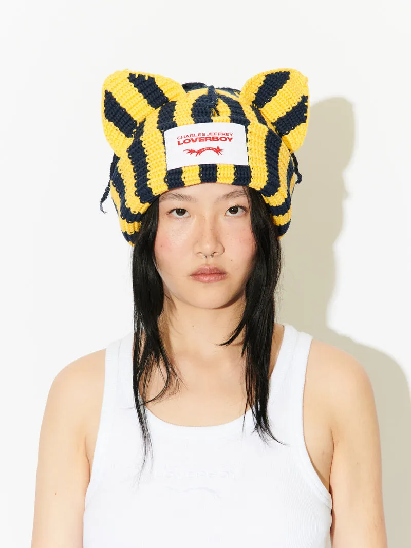 LOVERBOY BY CHARLES JEFFREY CHUNKY EARS BEANIE YELLOW   NAVY STRIPE