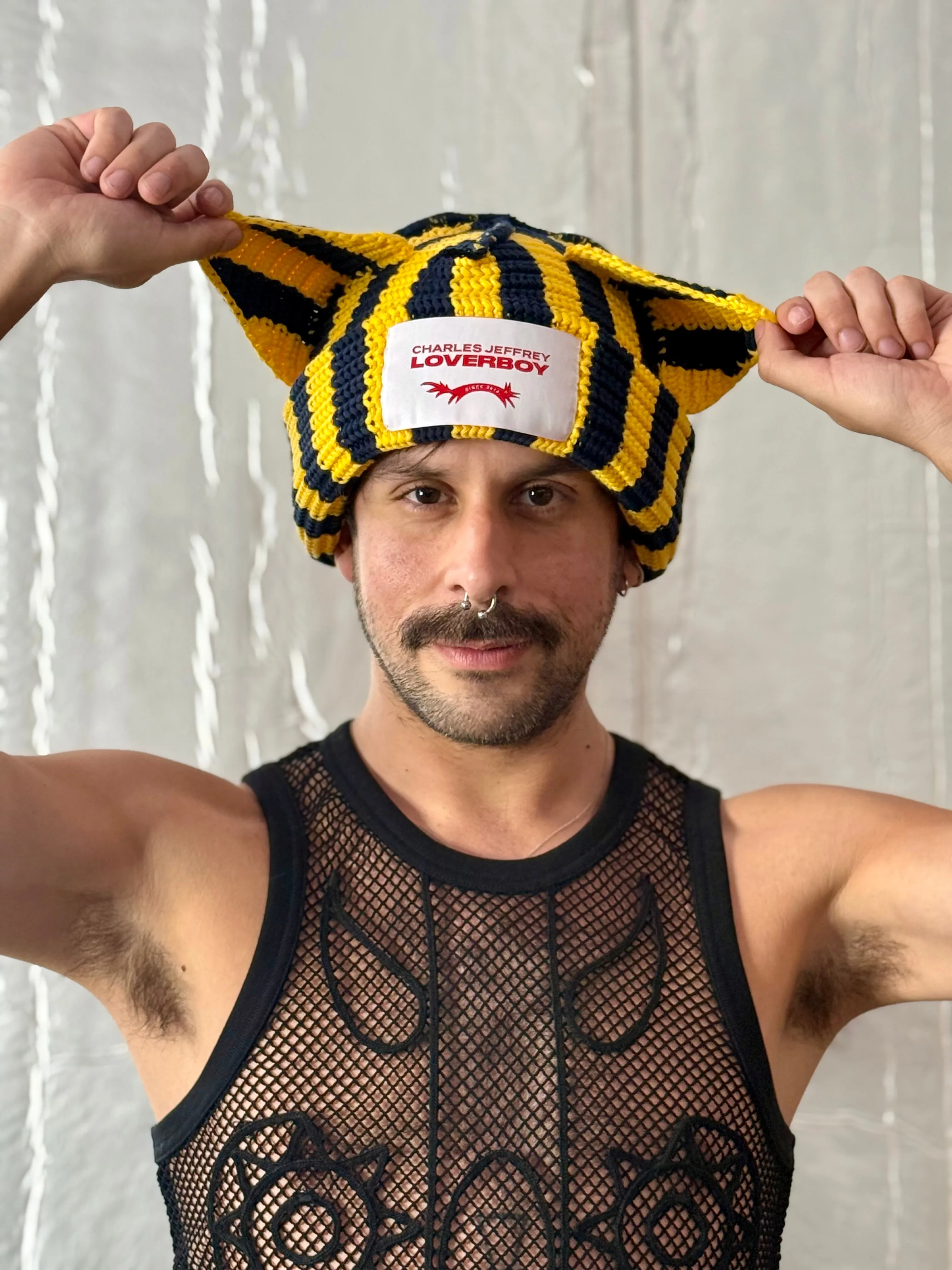 LOVERBOY BY CHARLES JEFFREY CHUNKY EARS BEANIE YELLOW   NAVY STRIPE