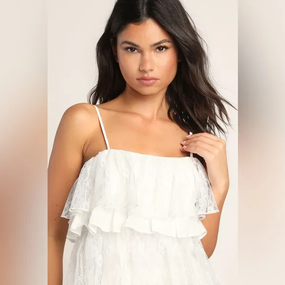 Lulus Layer On the Love White Tiered Lace Sleeveless Mini Dress