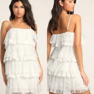 Lulus Layer On the Love White Tiered Lace Sleeveless Mini Dress