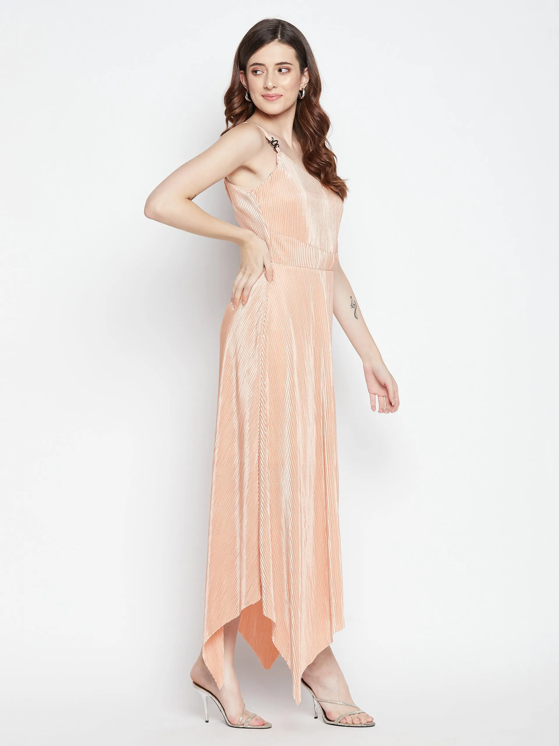 Madame Pleated Peach Flared Hem Maxi Dress