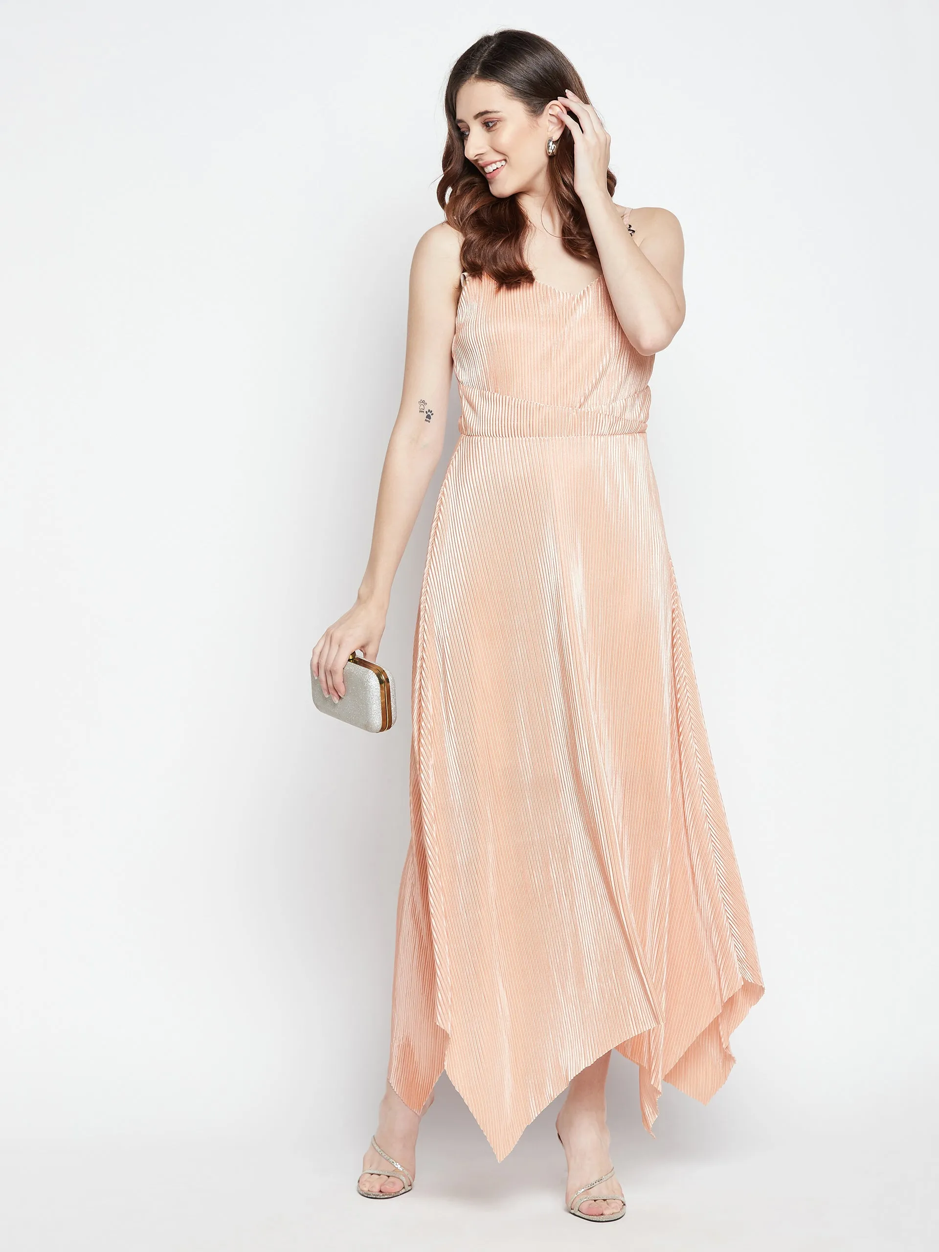 Madame Pleated Peach Flared Hem Maxi Dress