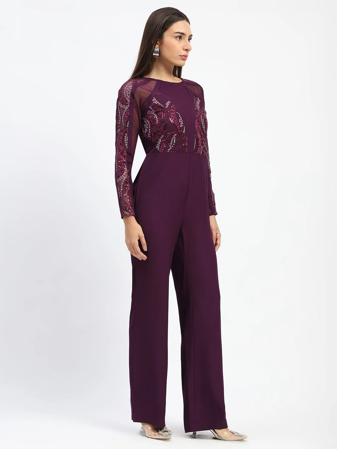 Madame Plum Embellished Mesh Wine Jumpsuit with Long Sleeves