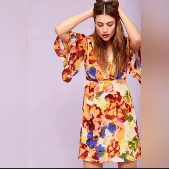 Maeve Anthropologie Silk Kimono Babydoll Mini Retro Dress Deloria Floral Boho