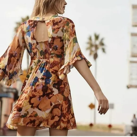Maeve Anthropologie Silk Kimono Babydoll Mini Retro Dress Deloria Floral Boho