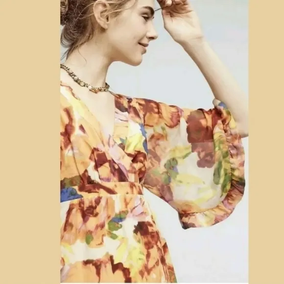 Maeve Anthropologie Silk Kimono Babydoll Mini Retro Dress Deloria Floral Boho