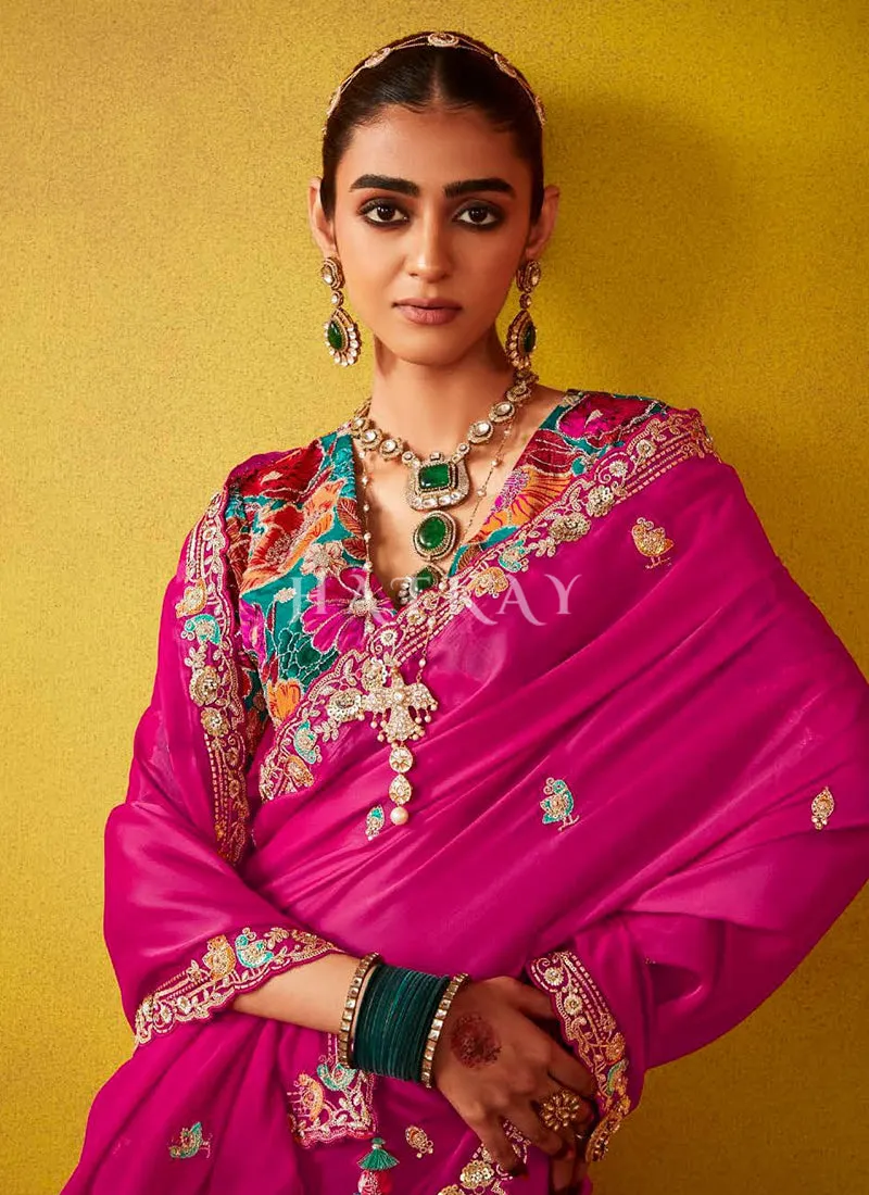 Magenta And Teal Multi Embroidery Silk Saree