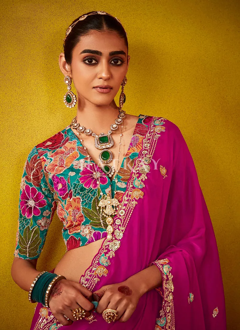 Magenta And Teal Multi Embroidery Silk Saree