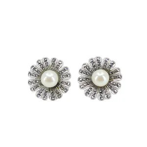 Marcasite Daisy Akoya Saltwater Cultured Pearl Vintage Screwback Earrings- Sterling Silver