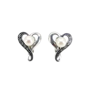 Marcasite Heart Akoya Saltwater Cultured Pearl Vintage Clip Earrings- Sterling Silver