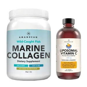 Marine Collagen Powder   Vitamin C - Perfect Skin from Within Combo. Wild-Caught Cod Fish Peptides, Liposomal VIT C Liquid 1000mg. Boost Production and Synthesis for Healthy Aging, Beauty, Wellness.