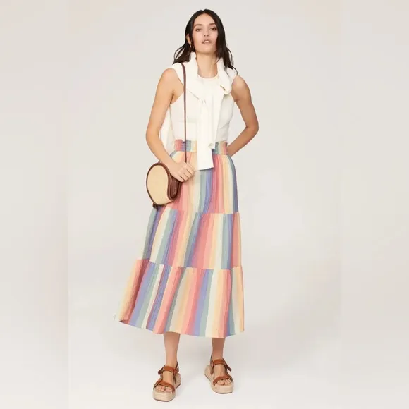 Marine Layer Corinne Prairie Maxi Skirt Bold Rainbow Stripe Pride Festival sz M