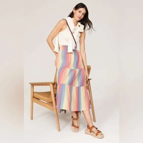 Marine Layer Corinne Prairie Maxi Skirt Bold Rainbow Stripe Pride Festival sz M