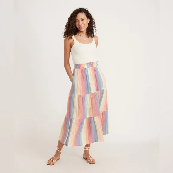 Marine Layer Corinne Prairie Maxi Skirt Bold Rainbow Stripe Pride Festival sz M