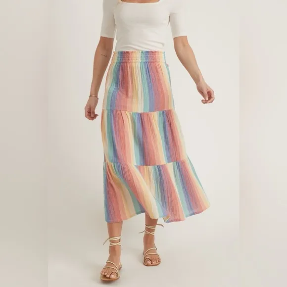 Marine Layer Corinne Prairie Maxi Skirt Bold Rainbow Stripe Pride Festival sz M