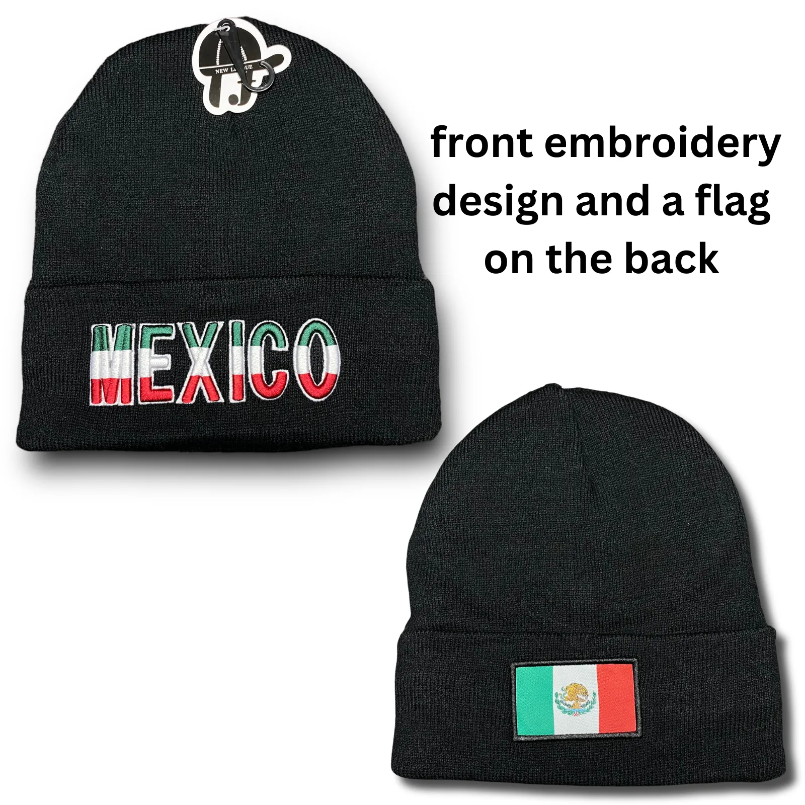 Mexico Gorro Beanie Aislado con Bordado frontal detallado y diseño de bandera en la parte trasera