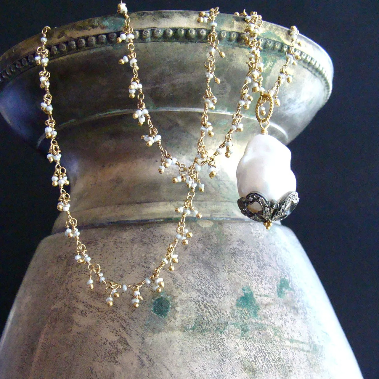 Micro Pearl Chain Diamond Cap Flameball Pearl Necklace - Chantilly IV Necklace
