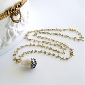 Micro Pearl Chain Diamond Cap Flameball Pearl Necklace - Chantilly IV Necklace