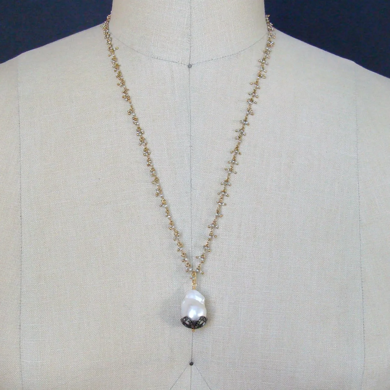 Micro Pearl Chain Diamond Cap Flameball Pearl Necklace - Chantilly IV Necklace