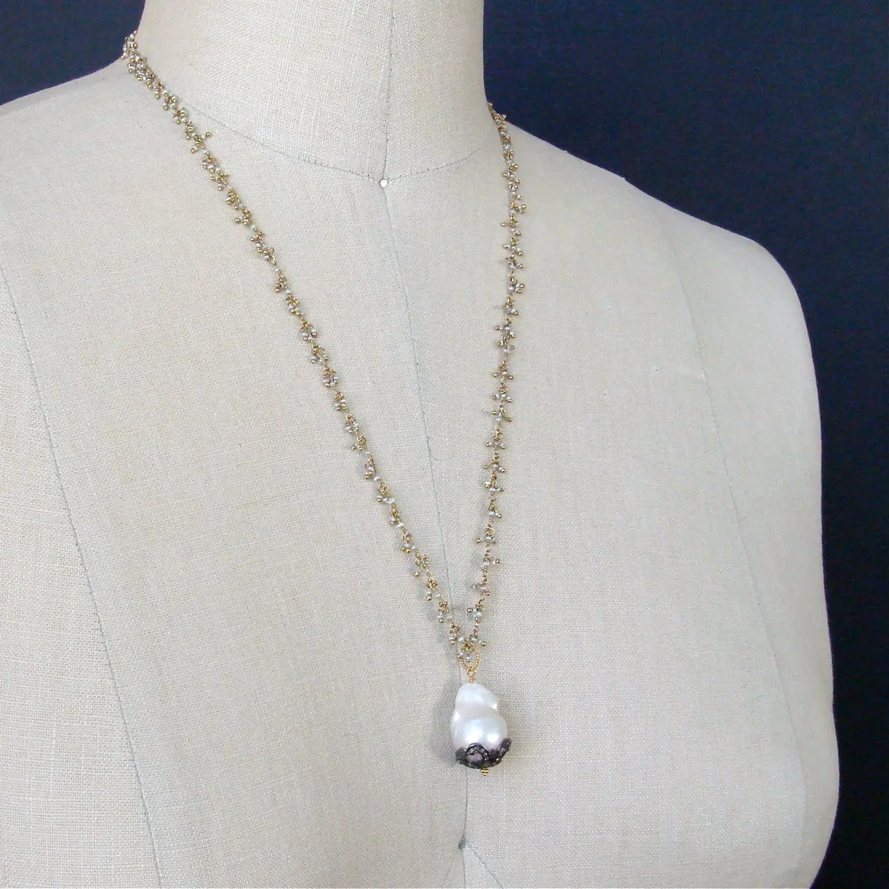 Micro Pearl Chain Diamond Cap Flameball Pearl Necklace - Chantilly IV Necklace