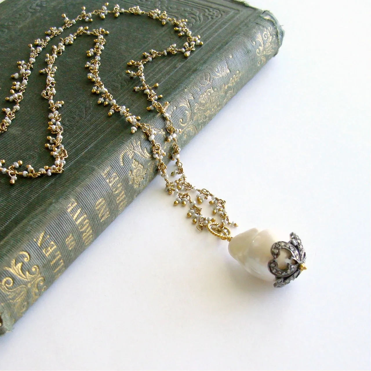 Micro Pearl Chain Diamond Cap Flameball Pearl Necklace - Chantilly IV Necklace