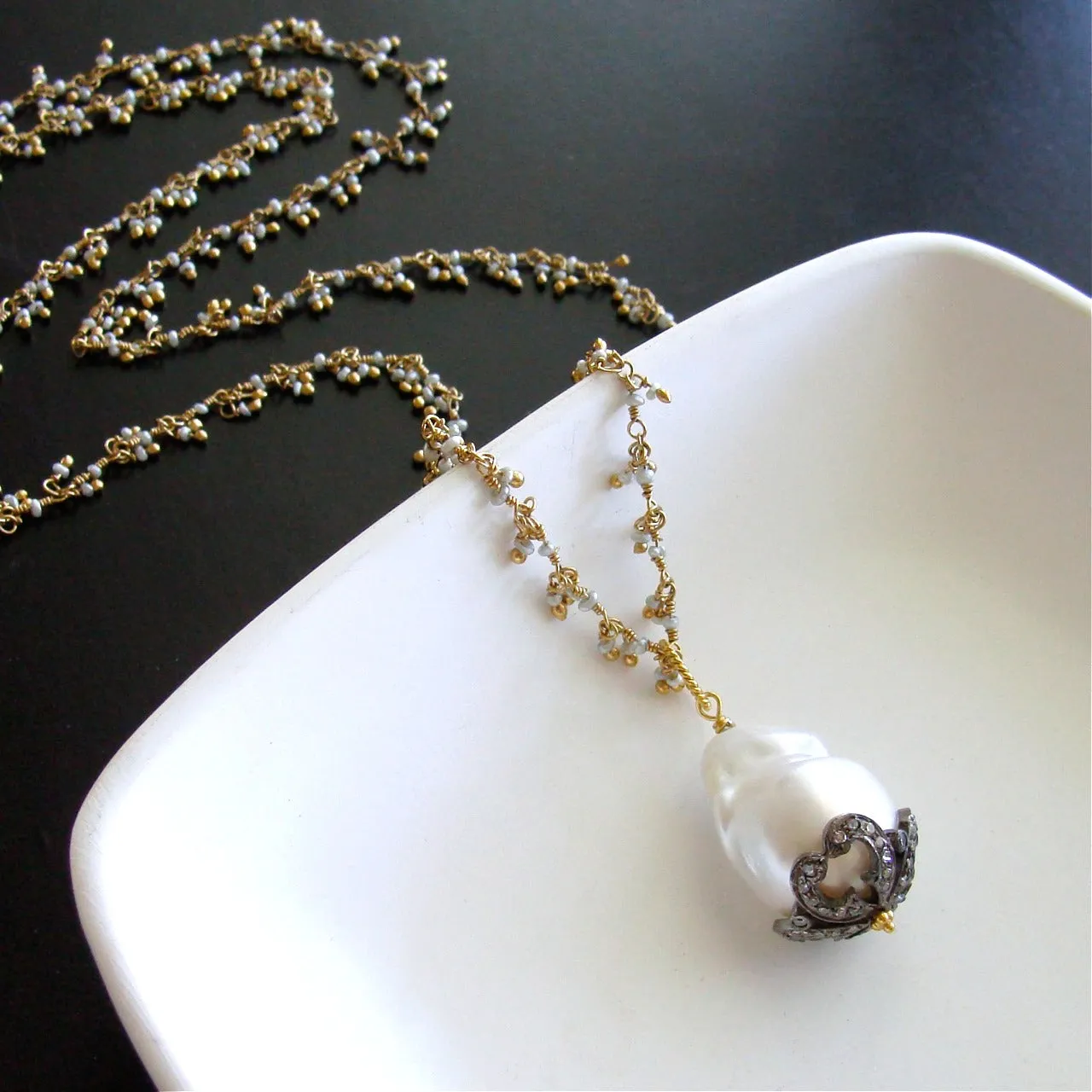 Micro Pearl Chain Diamond Cap Flameball Pearl Necklace - Chantilly IV Necklace