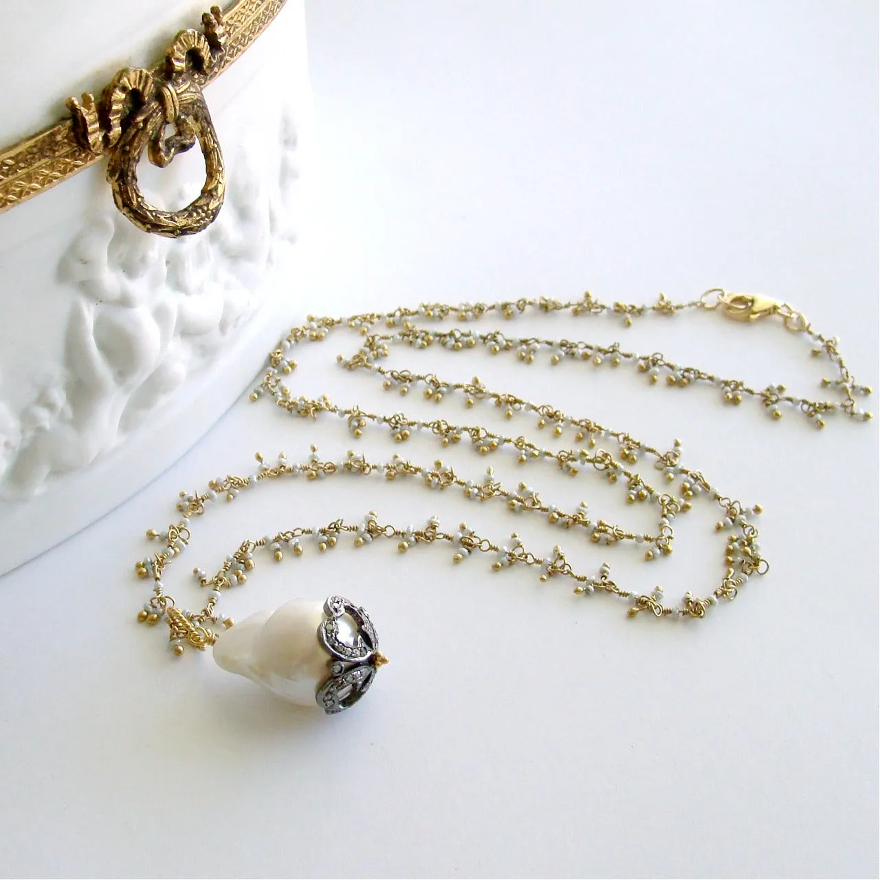 Micro Pearl Chain Diamond Cap Flameball Pearl Necklace - Chantilly IV Necklace