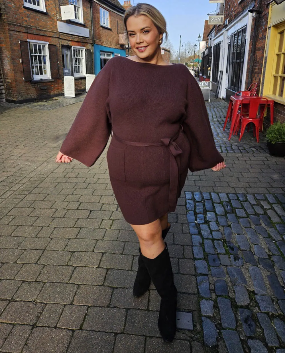 Mini Knitted Cocoon Dress - Hot Chocolate