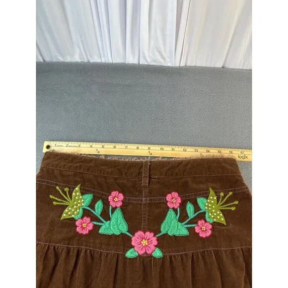 MISS ME Womens LARGE Skirt Embroidered Brown Corduroy Tiered‎ Boho Retro Y2K