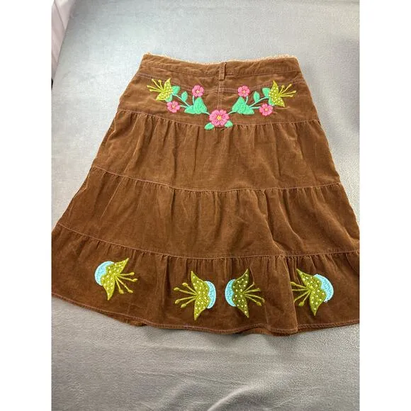 MISS ME Womens LARGE Skirt Embroidered Brown Corduroy Tiered‎ Boho Retro Y2K