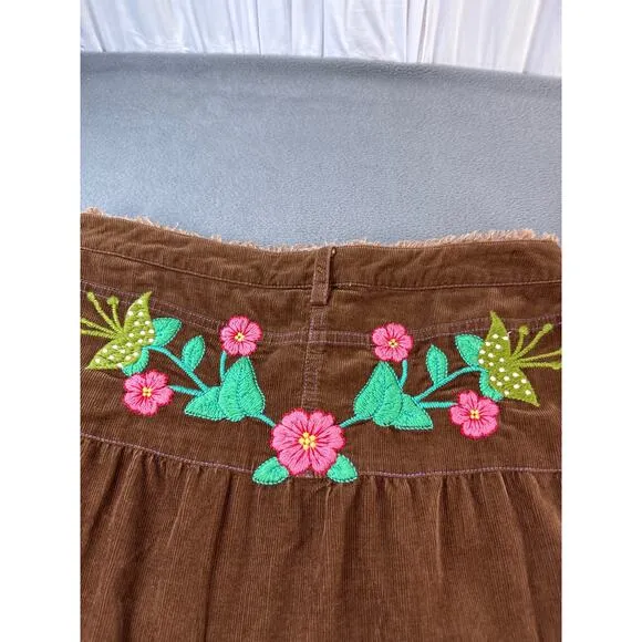MISS ME Womens LARGE Skirt Embroidered Brown Corduroy Tiered‎ Boho Retro Y2K
