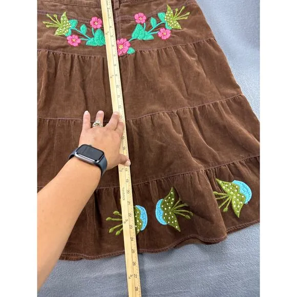 MISS ME Womens LARGE Skirt Embroidered Brown Corduroy Tiered‎ Boho Retro Y2K